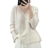 Autumn/Winter 2025 New Cardigan Women's V-Necked Squints Sweater Jacket Loose Pearl Buckle Knitting Top HZ1220