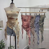 2025 New Summer Tie-Dye Lotus Side Mesh Yarn Irregular Fluttering Thai Mesh Wrap Tector Blouse HZ1208