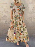 2025 Explosion Women's Vintage Flower Printed Short Sleeve Round Dress HZ1220