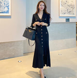Black Knitted Dress 2025 Autumn And Winter New Long Sleeves Of Ocean Gas Single Buckle Bottom Dress Casual Woman HZ1220