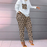 Women's Clothing Spring New Fashion Printing Lattice Long Sleeve Large-Size Loose Women's Casual Set HZ1220