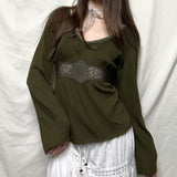 Vintage V-Neck High-Waisted Skirt-Shaped Long-Sleeved T-Shirt Women's Embroidered T-Sleeve Design-Sleeve Blouse HZ1220