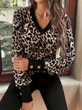 New Leopard-Print Long-Sleeved V-Neck Blouse T-Shirt HZ1208