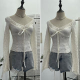 Real Shooting Merard Wind Strapted Bow Splicing Lace Pure Desire Blouse Folding Body Short Blouse 6015 HZ1208