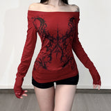 Sub-Cultural Personality Hottie Style Shoulder Dark Print T-Shirt Lace Side Long Sleeves To Dress Casual Blouse HZ1220