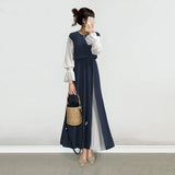 Spring And Autumn New Women's Clothing 20255 Impact Color Splicing Body Showing Slim Swing Long Sleeve A Word Pressure Skirt Dress HZ1220