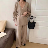 Autumn 2025 New Fashion Retro Lazy Knitted Set Women's Cardigan Jacket Wide Leg Pants Two Sets HZ1220
