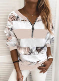2025 Women's New Digital Printing Zipper V-Neck Loose Leisure Clothing Long-Sleeved Top HZ1220