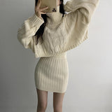 Korean Autumn And Winter French Gentle Hemp High-Necked Short Sweater + Knitted Skirt Woman HZ1220