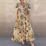 2025 Explosion Women's Vintage Flower Printed Short Sleeve Round Dress HZ1220