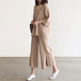 Gentle Wind Knitted Set Of Trousers Autumn New V-Neck Top + Open Wide Leg Pants Fashion Temperament Two-Set HZ1220