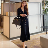 Black Knitted Dress 2025 Autumn And Winter New Long Sleeves Of Ocean Gas Single Buckle Bottom Dress Casual Woman HZ1220