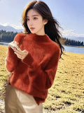 Cashmere Sweater Women In Autumn And Winter Under The Bottom Of The Blouse Lazy Style Design Sense Retro Half-High Collar Red Knitwear HZ1208