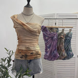 Net Yarn Printed Slanted Shoulder Sling Vest Retro Design Folding Temperament Short Blouse 8009 HZ1208