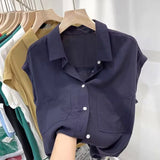 Standing Short-Sleeved Shirt Women's Summer Thin Design Sense Of New Leisure Loose Collar Cover Gas Blouse Tide HZ1208
