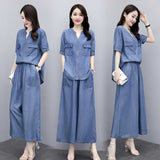 Tiansi Cowboy Broad Leg Pants Set Summer Large Size Cover Thin Mother Casual Loose Ocean To Lose Age Thin Two HZ1220