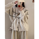 Horn Buckle Loose Retro Sweater Cardigan Women 2025 Autumn And Winter New Round-Necked Collared Flower Knitted Coat HZ1208