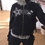 Autumn And Winter New Hair Splicing Hoodie Women's Dark And Dark Style Personality Street Star Hot Diamond Zipper Coat Top HZ1220