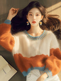 Orange Stitched-In Printed Knitted Sweater 2025 Autumn And Winter New Korean Niche Design Soft-Clip Collar Top HZ1208