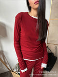 Autumn/Winter 2025 New Soft Model Set Women's Casual Blouse + Broad Legs Christmas Red Two-Sleeve HZ1208
