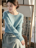 Mahe Hair Blue Soft-Masted Sweater Mid-Autumn 2025 Autumn/Winter New Design Sense Of Ntong T-Shirt Woman HZ1208
