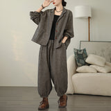 Spring 2025 Vintage Literary Striped Large-Size Cardigan Coat + Wide-Legged Harlan Pants Two Sets Of Women HZ1220