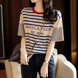 2025 Version Of Loose Good-Looking Youth-Down Navy Blouse Woman! Letters Printed Short-Sleeved Cotton Striped T-Shirt HZ1220