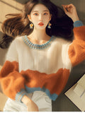 Orange Stitched-In Printed Knitted Sweater 2025 Autumn And Winter New Korean Niche Design Soft-Clip Collar Top HZ1208