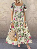 2025 Explosion Women's Vintage Flower Printed Short Sleeve Round Dress HZ1220
