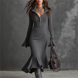 New Fashion Elegant Temperament Zippered Horn Sleeve Knitted Fishtail Skirt HZ1208