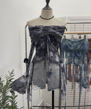 Small-Sized Old-Fashioned Green Shoulder Horn Sleeve Blouse Dye Net Yarn Lace Draw Rope Short T-Shirt 8010 HZ1208