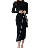 2025 Autumn And Winter Korean Version Of The Temperament Half-High Collar Body Long Collar Wearing Waist Knitted Sweater Dress Dress Woman HZ1220