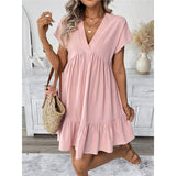 Women's Dress 2025 Summer Holiday Windy Windy Leaves Edge V Collar Solid Loose Short Skirt HZ1208