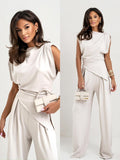 Small-Fantic Faitry Face Solid-Colored Collared Folded Fork Vest Top Broad Leg Trousers Set Summer HZ1220