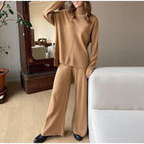 2025 New Hot Pure Color Knitted Jacket High-Collar Sweater Set Loose Top + Pants Women HZ1208