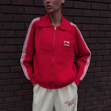 Striped Knitted Cardigan Collar Zipper Retro Sports Rice White Hit Red High Street Burst Autumn HZ1208