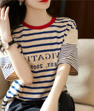 2025 Version Of Loose Good-Looking Youth-Down Navy Blouse Woman! Letters Printed Short-Sleeved Cotton Striped T-Shirt HZ1220