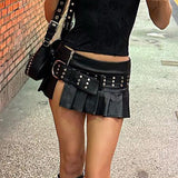 Punk Babes Rivet Belt Open Leather Skirt 2025 Fashion Street Sexy Low-Rise A-Word Version Of 100-Folded Skirt HZ1220