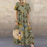 2025 Explosion Women's Vintage Flower Printed Short Sleeve Round Dress HZ1220