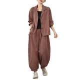 Spring 2025 Vintage Literary Striped Large-Size Cardigan Coat + Wide-Legged Harlan Pants Two Sets Of Women HZ1220