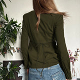 Vintage V-Neck High-Waisted Skirt-Shaped Long-Sleeved T-Shirt Women's Embroidered T-Sleeve Design-Sleeve Blouse HZ1220