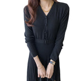 Korean Chic Style French Small Autumn And Winter Thin V-Neck Knitting Big Swing With Bottom 100 Fold Dress Women HZ1220