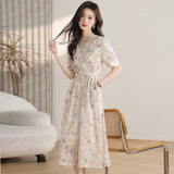 Gentle Wind Broken Flower Dress Women's Summer New Tea Break French High-Grade Feeling Thin V-Neck Long Dress HZ1220
