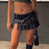 Punk Babes Rivet Belt Open Leather Skirt 2025 Fashion Street Sexy Low-Rise A-Word Version Of 100-Folded Skirt HZ1220