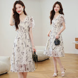 National Feng Shuo Ink Printing V-Neck Dress Women 2025 Summer New Lotus Leaf Sleeve Mother Chiffon Skirt HZ1220