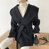 Korean Chic Autumn French Temperament Hooded Pocket Design Strapped To The Waist Thin Solid Color Long-Sleeved Coat HZ1220