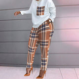 Women's Clothing Spring New Fashion Printing Lattice Long Sleeve Large-Size Loose Women's Casual Set HZ1220