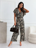 2025 Women's Spring Leopard Print V-Leading Flying Sleeves Wide-Legged Jumpsuit HZ1220