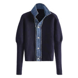 New Korean Version Of The 2025 Autumn And Winter Ins Loose Denim Splicing Knit Coat Women Bubble Sleeves Two Sweater Tide HZ1220