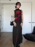 Diablo Temperament A Rose Print Bumpy Color Sexy Dew Height Collar Sleeveless High Open Skirt Dress Long HZ1220